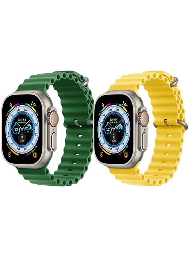 IAF Silicone Ocean Band Strap for Apple Watch Ultra 8 49mm Green Single Color Strap with Yellow Single Color Strap Set of 2