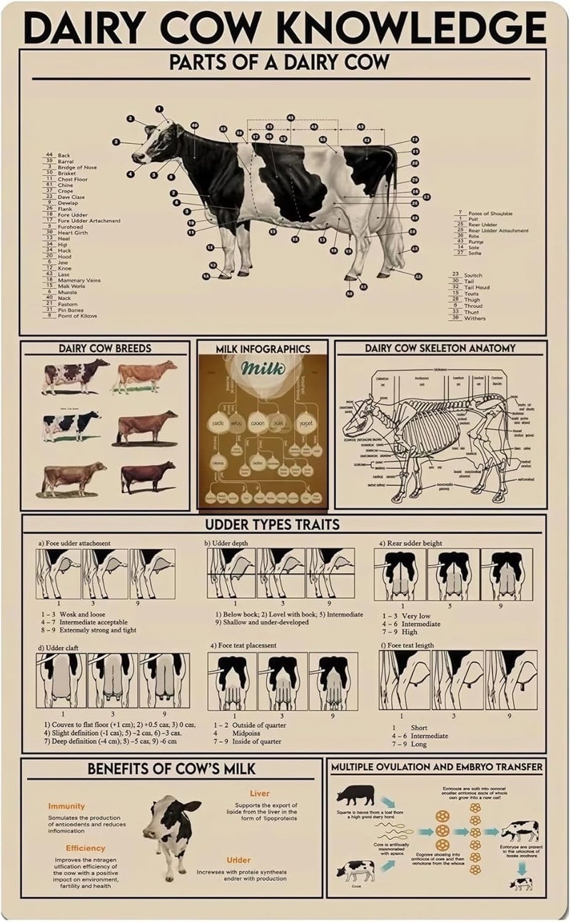 Bovine Anatomy and Milking Systems Poster Detailed Vintage Dairy Cow Chart Educational Wall Art for Agriculture School or Farm Office Decor(Unframed,16x24inch(40x60cm))
