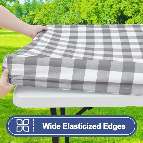 Smiry Picnic Table Cover with Bench Covers, Waterproof Elastic Fitted Tablecloths for 6 Foot Rectangle Tables, Washable Buffalo Plaid Tablecloth for Camping, Outdoor (Grey & White, 30"x72") - Image 2