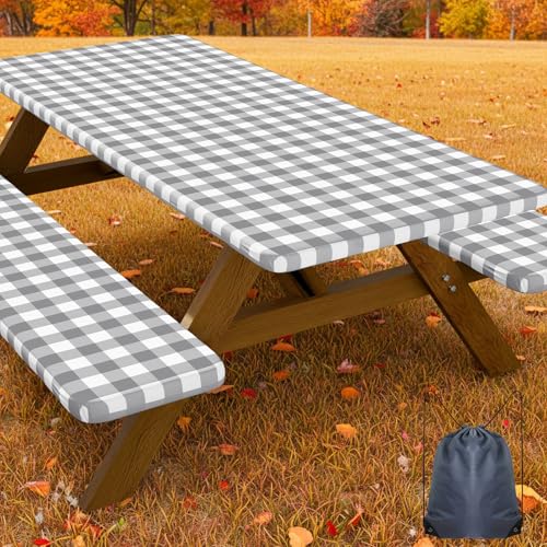 Smiry Picnic Table Cover with Bench Covers, Waterproof Elastic Fitted Tablecloths for 6 Foot Rectangle Tables, Washable Buffalo Plaid Tablecloth for Camping, Outdoor (Grey & White, 30"x72") - Image 1