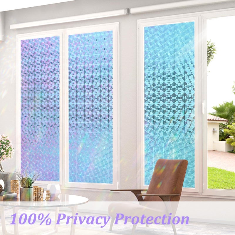 Windimiley 3D Diamond Stained Window Privacy Film, Rainbow Static Cling Decorative Glass Covering, No Glue Removable Vinyl, UV Blocking Heat Control for Bathroom Bedroom Door, 17.5 x 78.7 inch - Image 4