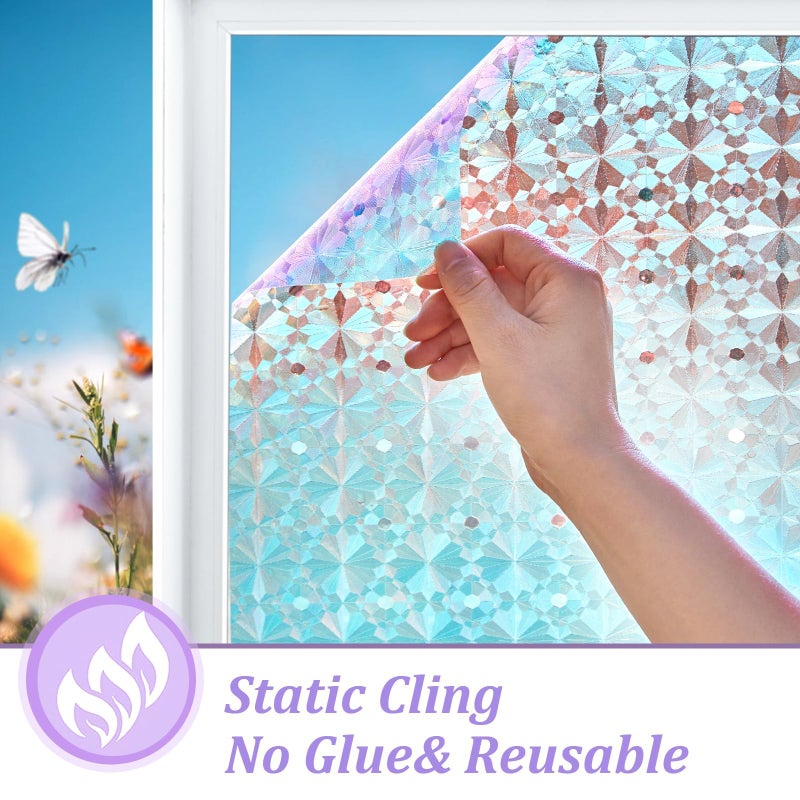Windimiley 3D Diamond Stained Window Privacy Film, Rainbow Static Cling Decorative Glass Covering, No Glue Removable Vinyl, UV Blocking Heat Control for Bathroom Bedroom Door, 17.5 x 78.7 inch - Image 2