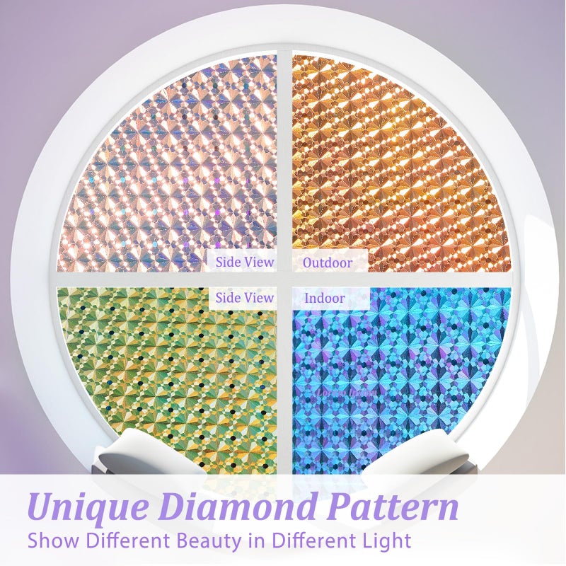 Windimiley 3D Diamond Stained Window Privacy Film, Rainbow Static Cling Decorative Glass Covering, No Glue Removable Vinyl, UV Blocking Heat Control for Bathroom Bedroom Door, 17.5 x 78.7 inch - Image 5