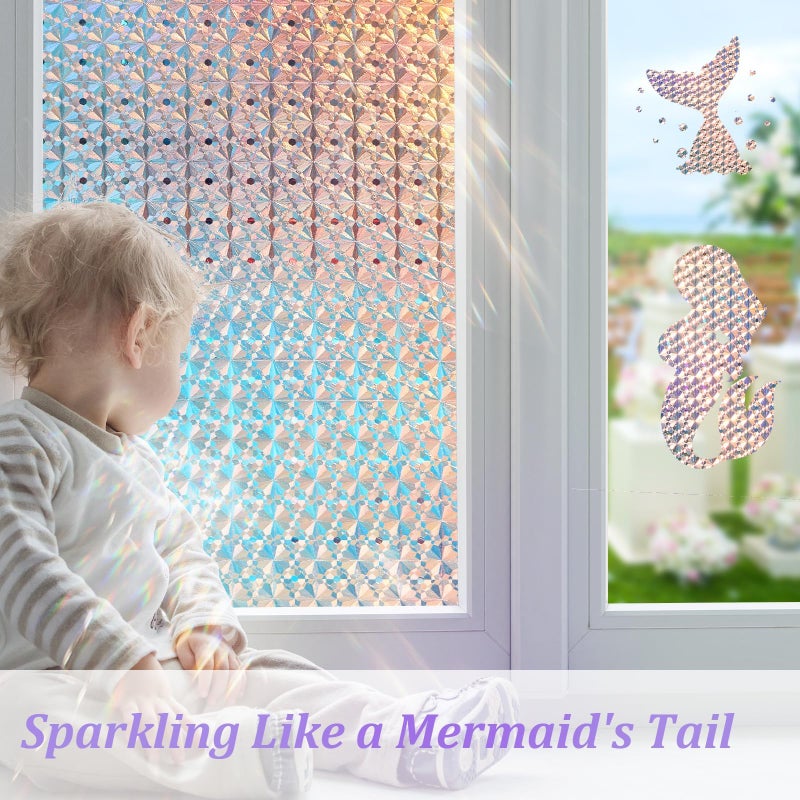 Windimiley 3D Diamond Stained Window Privacy Film, Rainbow Static Cling Decorative Glass Covering, No Glue Removable Vinyl, UV Blocking Heat Control for Bathroom Bedroom Door, 17.5 x 78.7 inch - Image 3
