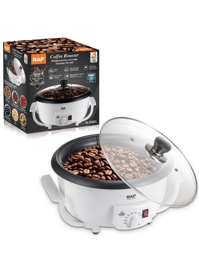 آر إيه أف محمصة قهوة كهربائية RAF R.15601 - ماكينة تحميص حبوب قهوة منزلية بقوة 800 واط مع تحكم قابل للتعديل في درجة الحرارة، وحوض غير لاصق وغطاء شفاف - Image 1
