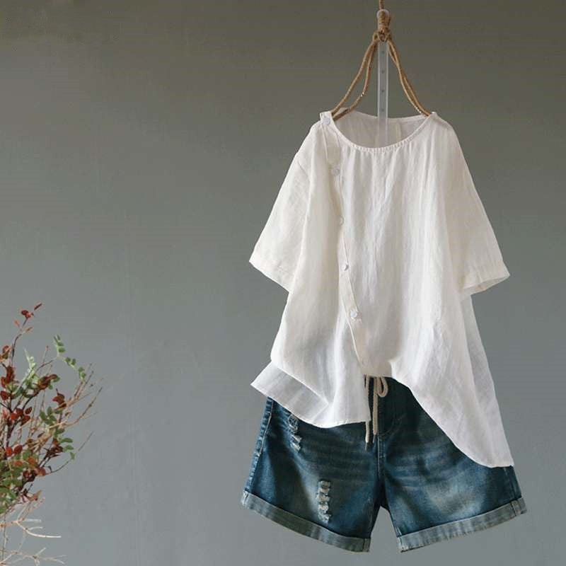 Cotton Linen Women's Short Sleeve Round Neck Blouse - Image 3