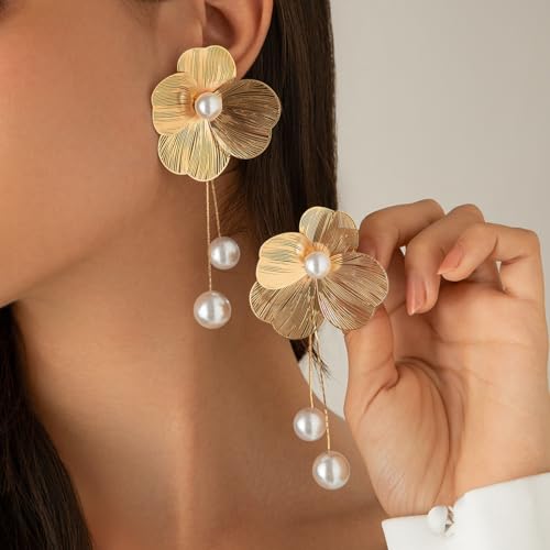 MEENAZ Korean Earrings For Women & Girls Stylish | Fashion Drop Flower Silver Earring | Danglers pearl Western| Birthday Anniversary Gift | Moti Chain Earrings Set for Women Anti Tarnish - Image 4