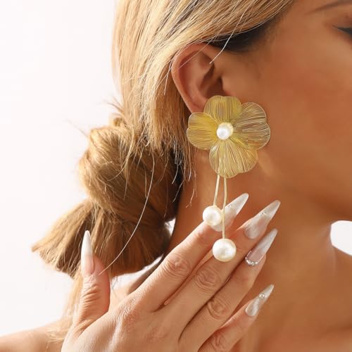 MEENAZ Korean Earrings For Women & Girls Stylish | Fashion Drop Flower Silver Earring | Danglers pearl Western| Birthday Anniversary Gift | Moti Chain Earrings Set for Women Anti Tarnish - Image 3