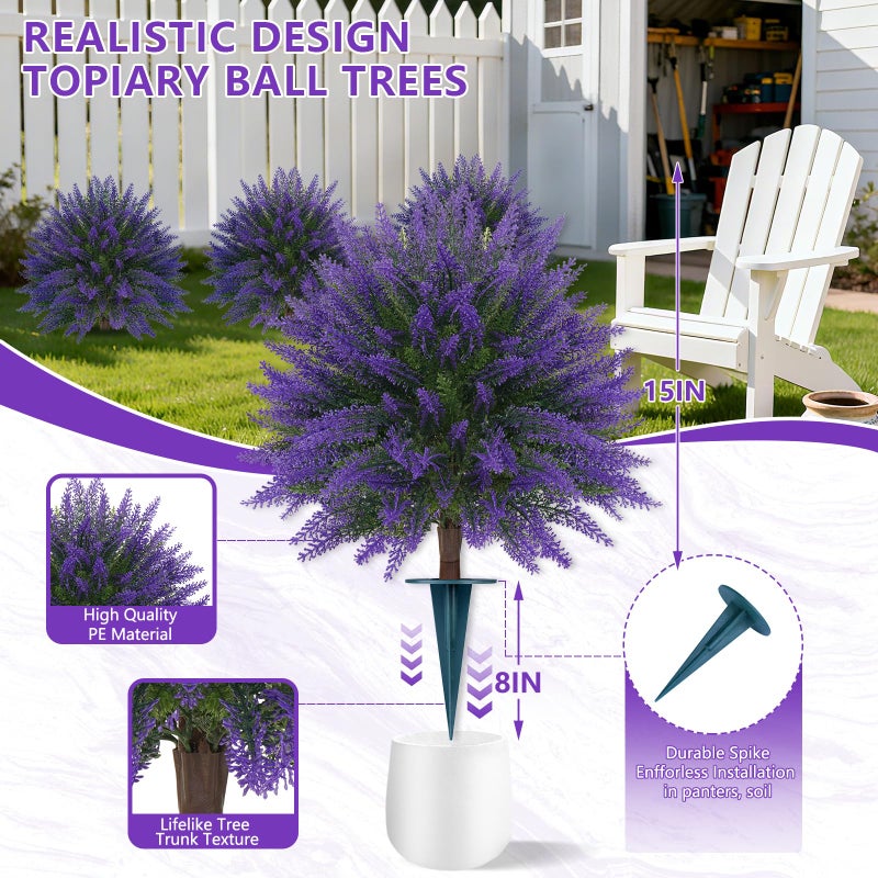 Grooy Artificial Lavender Topiary Ball, Set of 2 Artificial Boxwood Shrub Bushes with Ground Spike, Fake Evergreen Tree for Porch, Artificial Plants for Outdoor Planters Indoor UV Resistant - Image 3