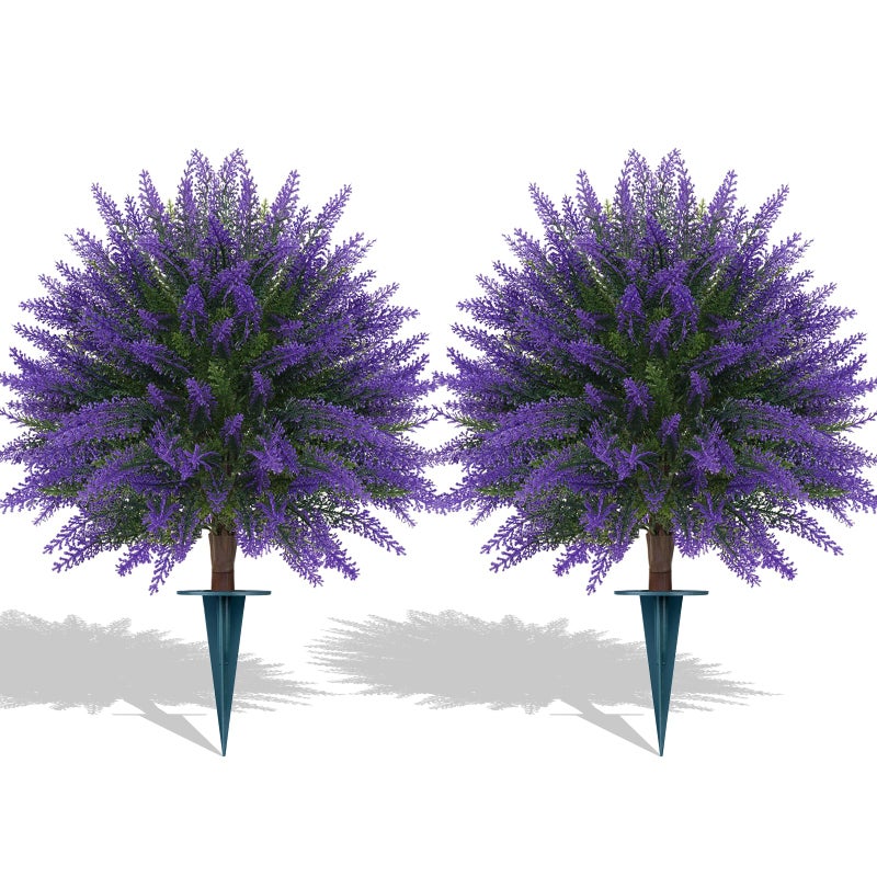 Grooy Artificial Lavender Topiary Ball, Set of 2 Artificial Boxwood Shrub Bushes with Ground Spike, Fake Evergreen Tree for Porch, Artificial Plants for Outdoor Planters Indoor UV Resistant - Image 1