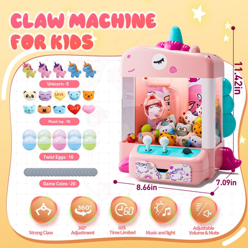 Skirfy Unicorns Claw Machine, Mini Vending Machine with Lights & Music, Adjustable Sound, Candy and Electronic Prize Dispenser, Includes 45 Toys, Candy and Birthday Gift for Kids Girls - Image 3