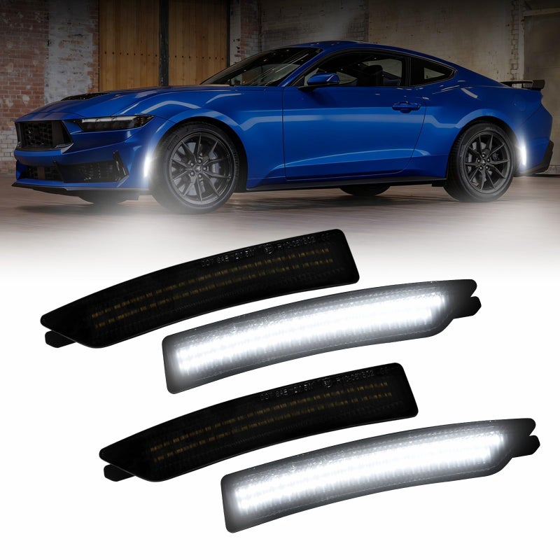 AUTOONE Upgraded LED Side Marker Lights White Compatible With Ford Mustang 2024-2025, White Front & Rear Parking Lamps, Smoked Lens Driver & Passenger Side Bumper Lights, 4PCS - Image 1