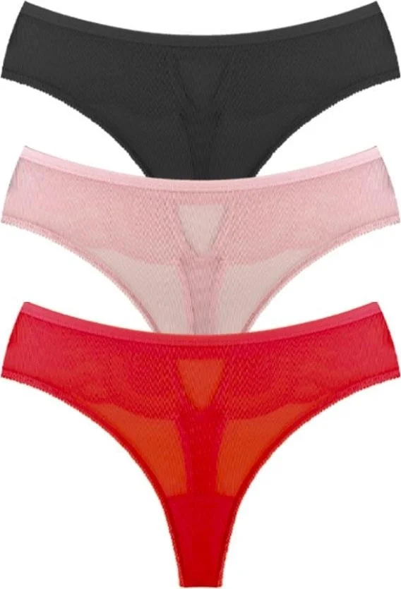 COTTONHILL Transparent Tulle Lace and Stone Detailed Plus Size Women's Thong Panties 3-Pack