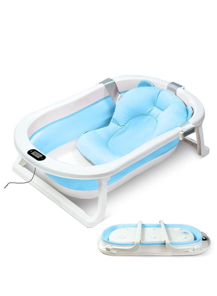 Baby Foldable Bath Tub With Bathmat Cushion & Thermometer, Portable Baby Bathtub With Drain Hole, Shower Basin With Non-Slip Support Leg For 0-6 Years Boy Girl (Blue) - Image 1