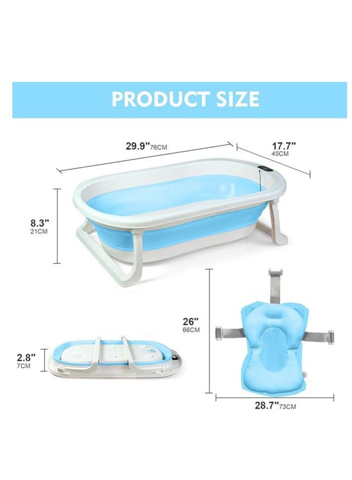 Baby Foldable Bath Tub With Bathmat Cushion & Thermometer, Portable Baby Bathtub With Drain Hole, Shower Basin With Non-Slip Support Leg For 0-6 Years Boy Girl (Blue) - Image 3