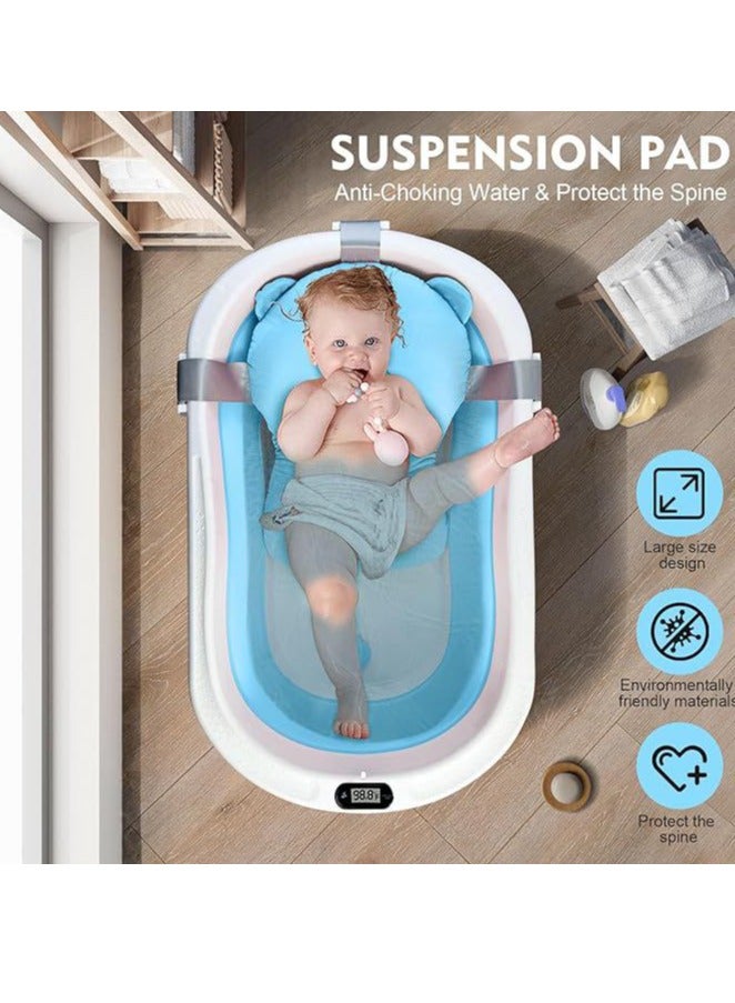 Baby Foldable Bath Tub With Bathmat Cushion & Thermometer, Portable Baby Bathtub With Drain Hole, Shower Basin With Non-Slip Support Leg For 0-6 Years Boy Girl (Blue) - Image 2