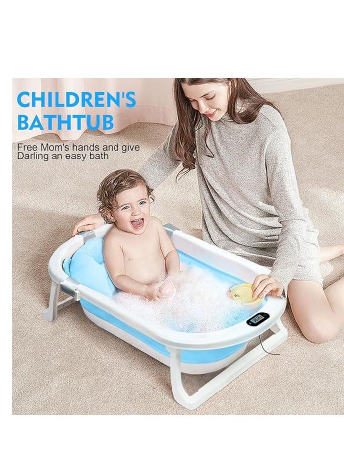 Baby Foldable Bath Tub With Bathmat Cushion & Thermometer, Portable Baby Bathtub With Drain Hole, Shower Basin With Non-Slip Support Leg For 0-6 Years Boy Girl (Blue) - Image 5
