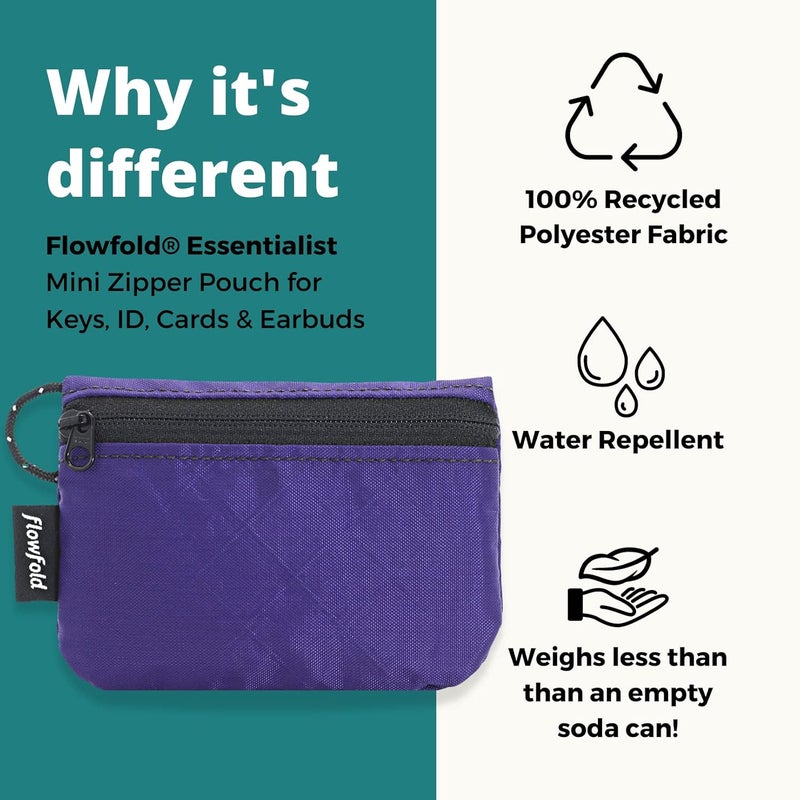 Flowfold Essentialist Clippable Mini Zip Pouch for Holding Coin, ID, Credit Card, and More | Small Water Repellent Wallet Made from Recycled Materials | Handcrafted In USA | Purple - Image 2