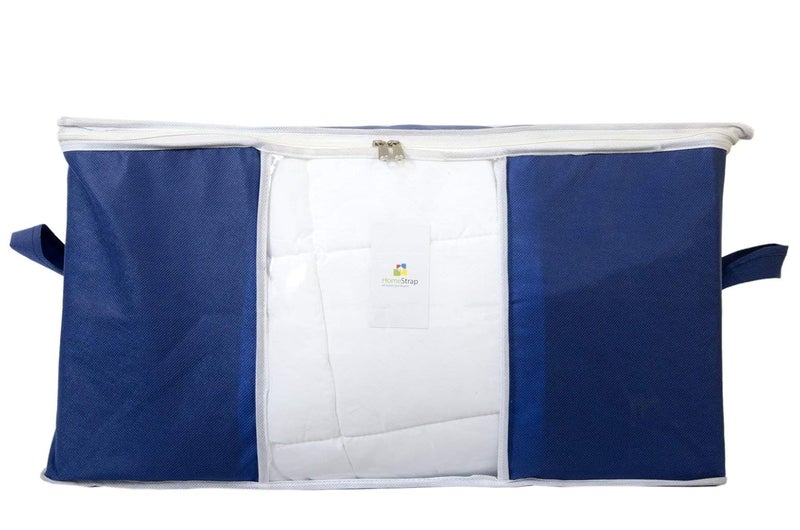 HomeStrap مجموعة هومستراپ من 4 منظمات تخزين تحت السرير غير المنسوجة حقيبة غطاء بطانية مع نافذة شفافة ومقبض جانبي للبطانيات والملابس باللون الأزرق البحري - Image 2