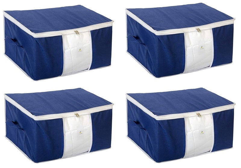 HomeStrap مجموعة هومستراپ من 4 منظمات تخزين تحت السرير غير المنسوجة حقيبة غطاء بطانية مع نافذة شفافة ومقبض جانبي للبطانيات والملابس باللون الأزرق البحري - Image 1