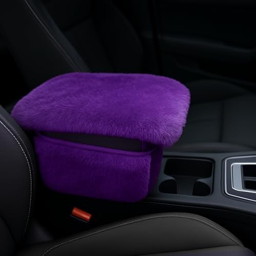 I3DIDEA Fluffy Car Armrest Cover with Side Pockets Plush Fuzzy Fur Center Console Armrest Cushion Pad Universal Winter Car Interior Protector Soft Arm Rest Cover with Storage for Women Men PURPLE - Image 1
