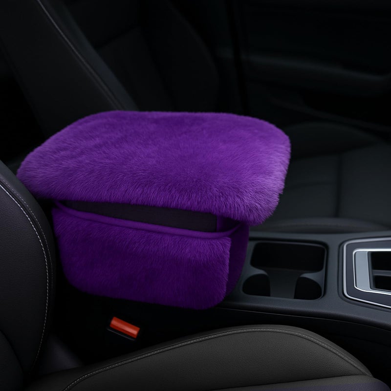 I3DIDEA Fluffy Car Armrest Cover with Side Pockets Plush Fuzzy Fur Center Console Armrest Cushion Pad Universal Winter Car Interior Protector Soft Arm Rest Cover with Storage for Women Men PURPLE - Image 3