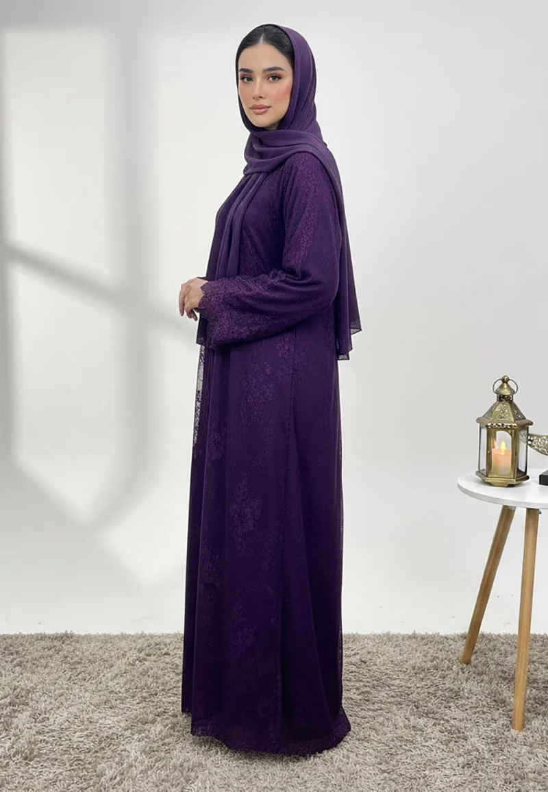 Nukhbaa  Dantil Purple Abaya with Nida inner lining-847 for Women | Best Price UAE