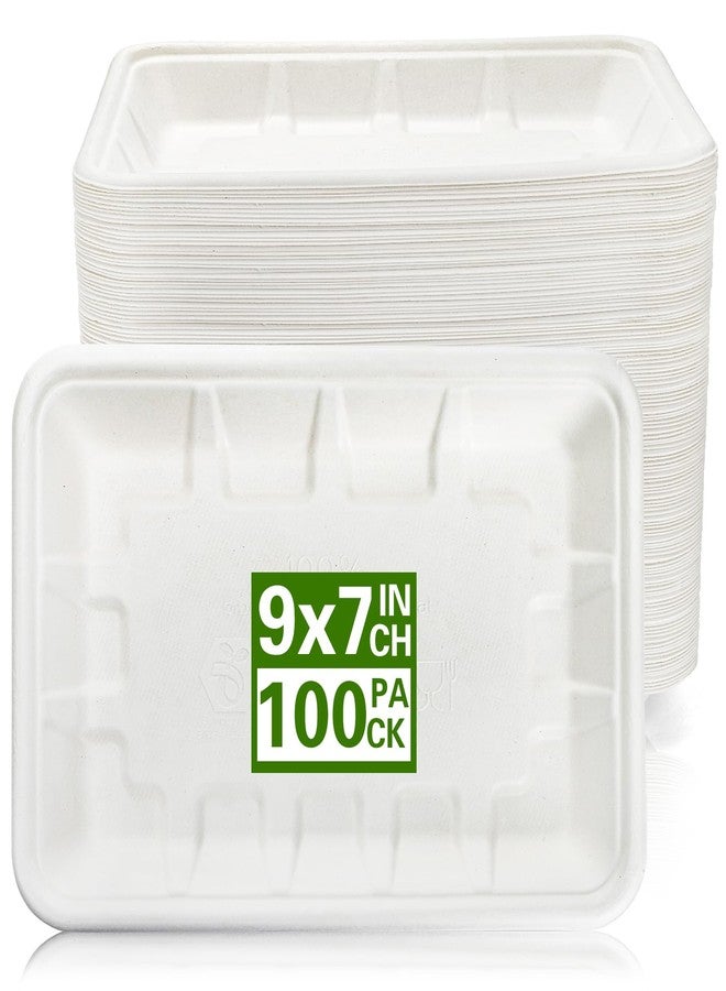 Lawei 100 Pack 9 Inch Rectangle Paper Plates, 9 x 7 Inch Disposable Food Trays, White Bagasse Paper Dishes, Heavy Duty Deep Plates for Tacos, Dessert, Snack, Salad, Pasta, Camping Picnic Party Use - Image 4