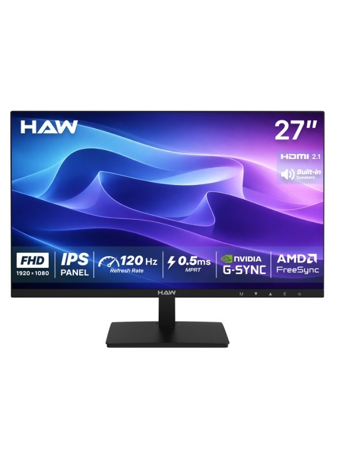 هاو شاشة ألعاب HAW F27IPX بحجم 27 بوصة، بدقة FHD (1920×1080)، لوحة IPS، معدل تحديث 120 هرتز، زمن استجابة 0.5 مللي ثانية (MPRT)، متوافقة مع G-Sync وFreeSync، مزودة بسماعات مدمجة، شاشة مسطحة، مناسبة للكمبيوتر وأجهزة الألعاب – اللون الأسود - Image 1