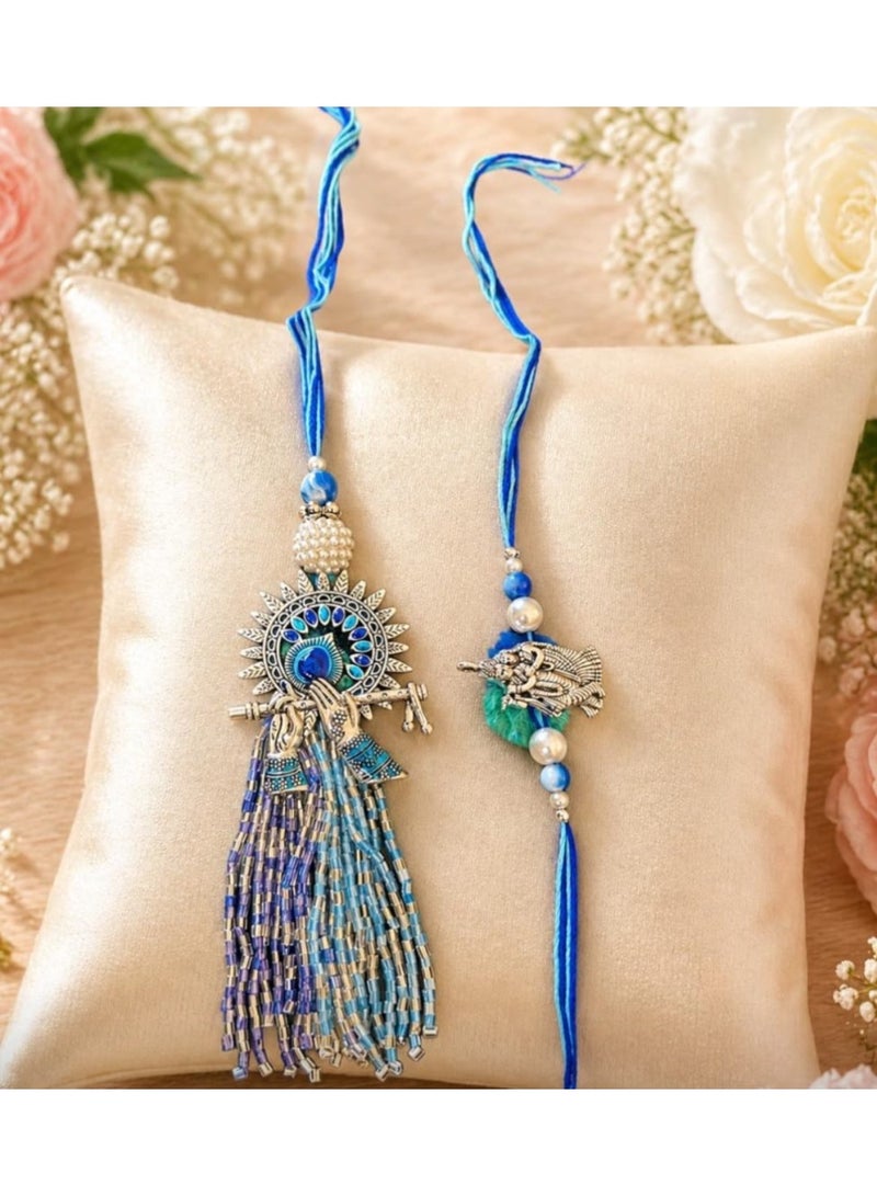 Bhaiya Bhabhi Rakhi Set, Blue & Silver Decorative Beads with Tassels
