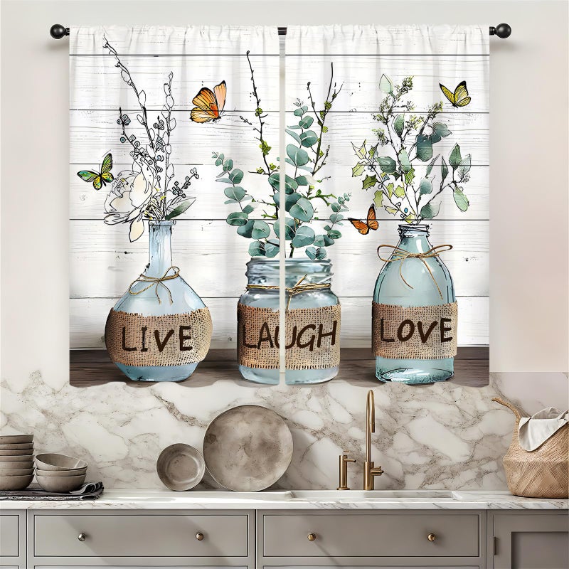 Famiffty Eucalyptus Kitchen Curtains 27.5W X 39L Inch 2 Panels Rod Pocket Farmhouse Rustic Botanical Vintage Green Leaf Small Cafe Curtain Plant Bottle Wood Window Drapes Treatment Bathroom Home Decor - Image 1