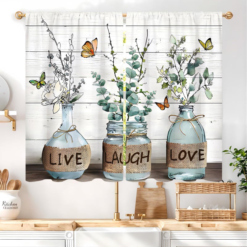 Famiffty Eucalyptus Kitchen Curtains 27.5W X 39L Inch 2 Panels Rod Pocket Farmhouse Rustic Botanical Vintage Green Leaf Small Cafe Curtain Plant Bottle Wood Window Drapes Treatment Bathroom Home Decor - Image 2