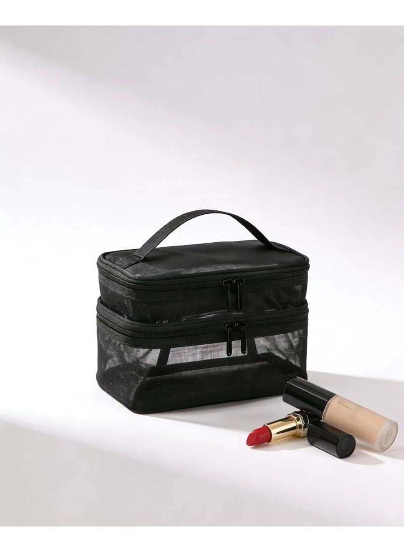 Double-Layer Travel Mesh Makeup Bag, Multi-Functional Storage Pouch - Women's Large Toiletry Bag with Handle Organizer (Classic Black) - Image 1