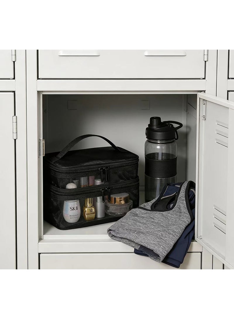 Double-Layer Travel Mesh Makeup Bag, Multi-Functional Storage Pouch - Women's Large Toiletry Bag with Handle Organizer (Classic Black) - Image 2