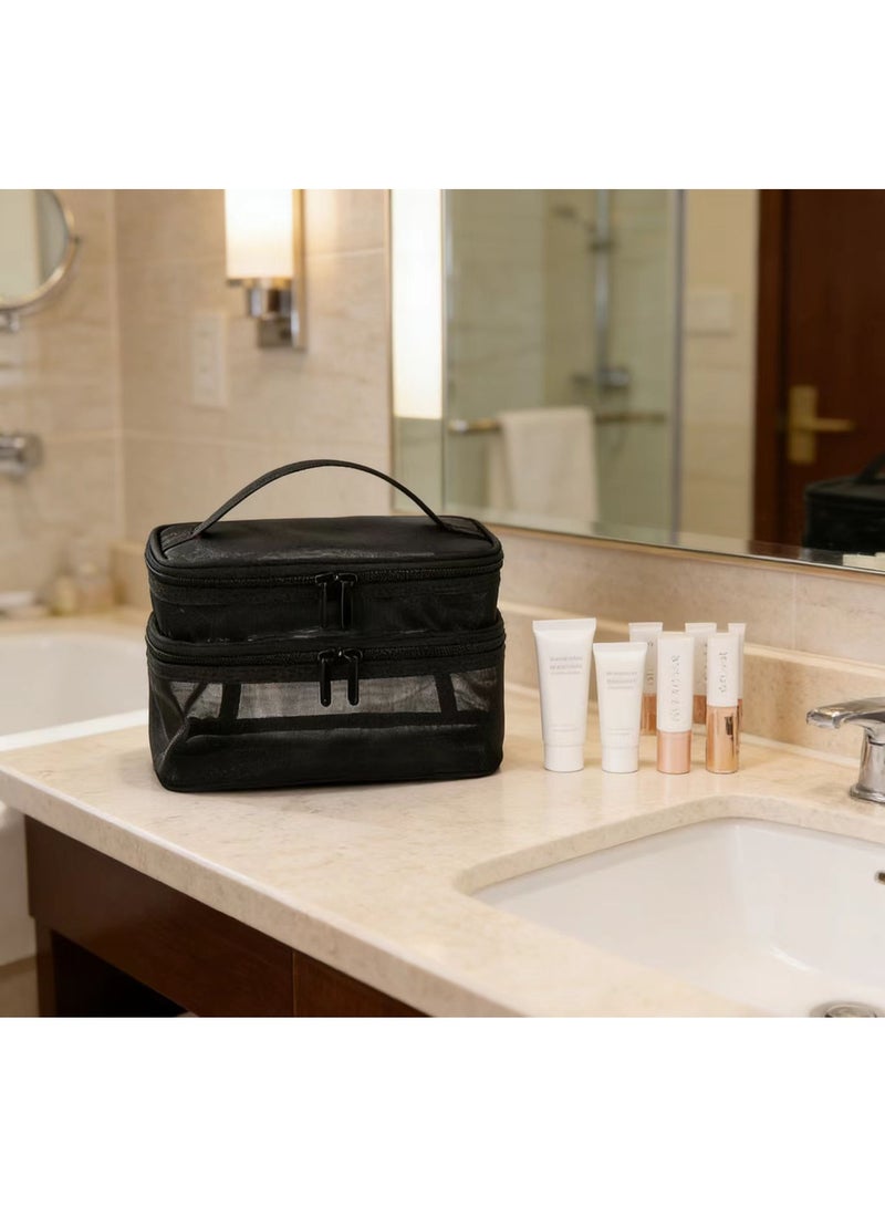 Double-Layer Travel Mesh Makeup Bag, Multi-Functional Storage Pouch - Women's Large Toiletry Bag with Handle Organizer (Classic Black) - Image 3