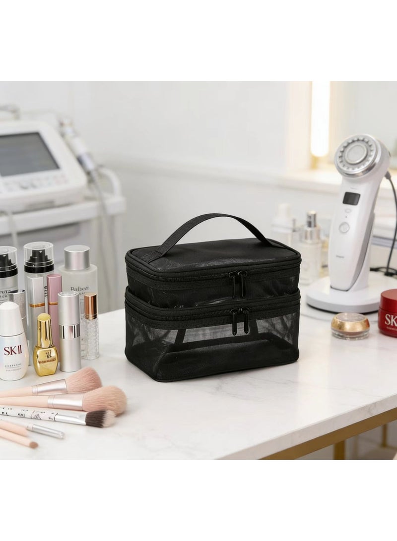 Double-Layer Travel Mesh Makeup Bag, Multi-Functional Storage Pouch - Women's Large Toiletry Bag with Handle Organizer (Classic Black) - Image 4