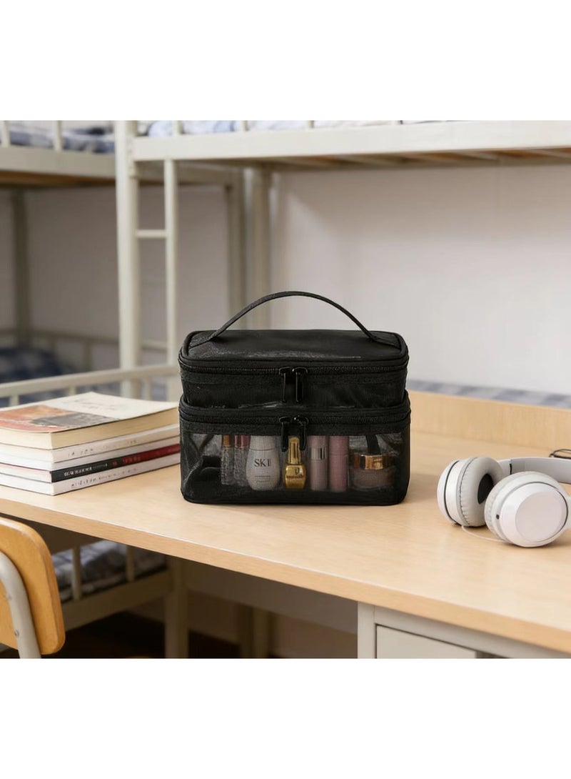 Double-Layer Travel Mesh Makeup Bag, Multi-Functional Storage Pouch - Women's Large Toiletry Bag with Handle Organizer (Classic Black) - Image 5