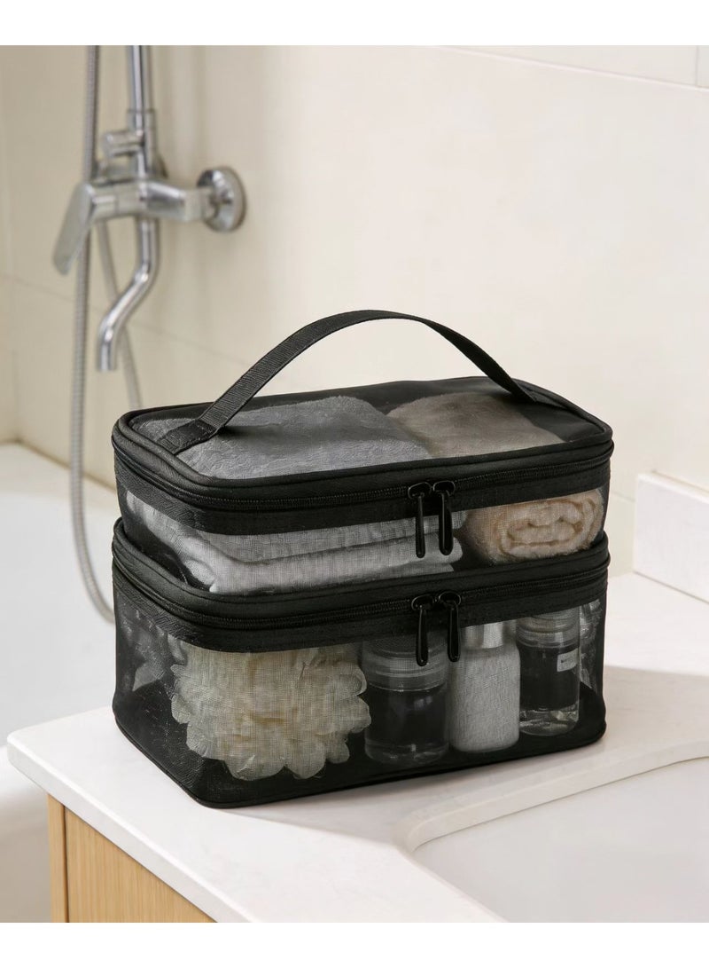 حقيبة مستحضرات تجميل شبكية ذات طبقتين بسعة كبيرة - منظم سفر محمول مع مقبض - Image 2