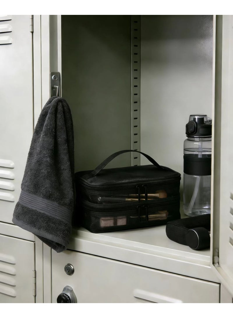 حقيبة مستحضرات تجميل شبكية ذات طبقتين بسعة كبيرة - منظم سفر محمول مع مقبض - Image 3