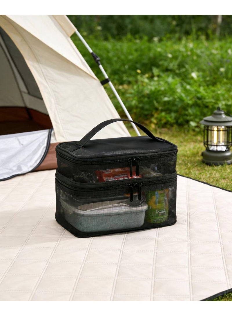 حقيبة مستحضرات تجميل شبكية ذات طبقتين بسعة كبيرة - منظم سفر محمول مع مقبض - Image 4