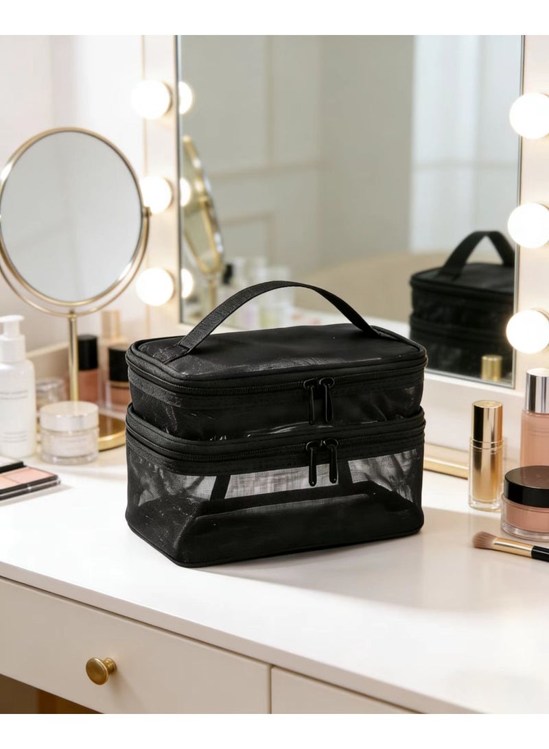 حقيبة مستحضرات تجميل شبكية ذات طبقتين بسعة كبيرة - منظم سفر محمول مع مقبض - Image 5