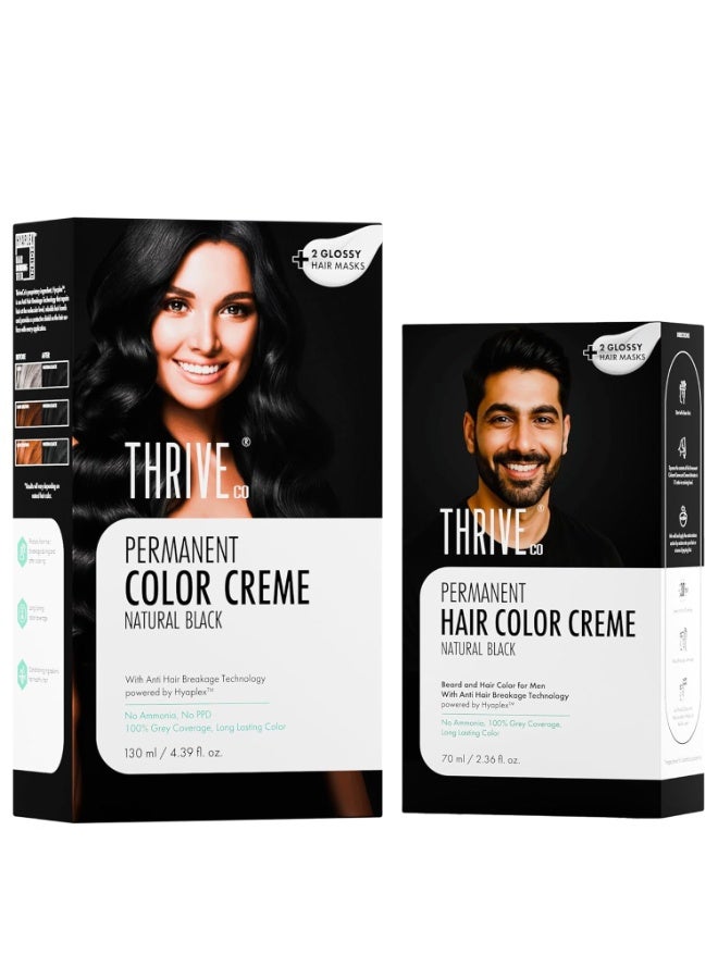 ThriveCo Permanent Natural Black Hair Color Creme Combo for Men & Women | Ammonia-Free, 100% Grey Coverage | Damage-Free, Long-Lasting Color with Hyaplex™ Bond Technology | 130ml + 70ml - Image 1