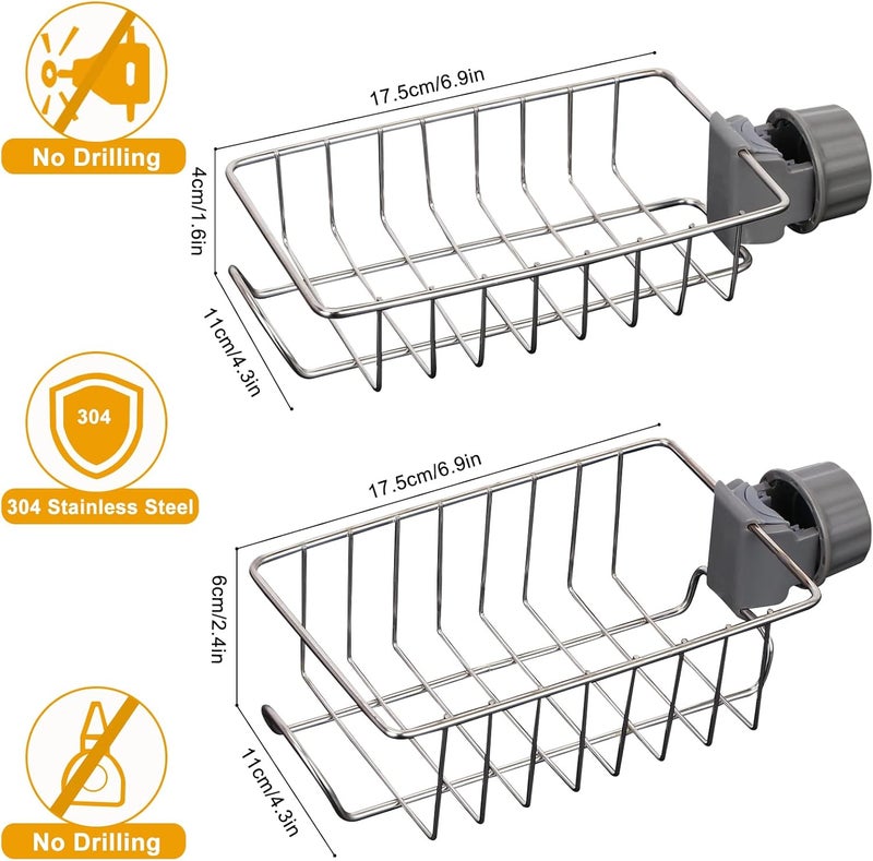UHAPEER 2 PCS Stainless Steel Faucet Sponge Holder for Kitchen Sink, Sink Storage Rack Holder Shower Caddy Hanging Without Drilling, Bathroom & Kitchen Sink Caddy under Sink Organizers and Storage - Image 2