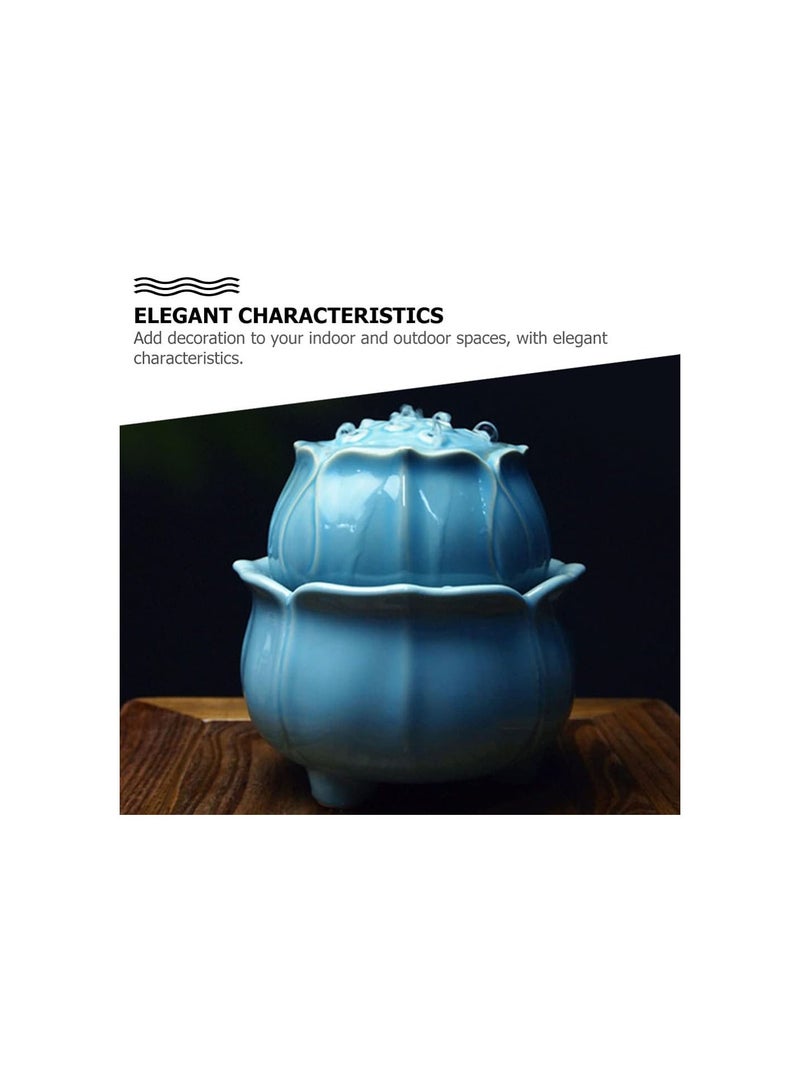 GGOOT Ceramic Tabletop Water Fountain Lotus Water Garden Zen Fountain Glazed Mini Interior Water Feature Indoor Fengshui Decor for Office Bedroom Living Room Sky- blue  - Image 2