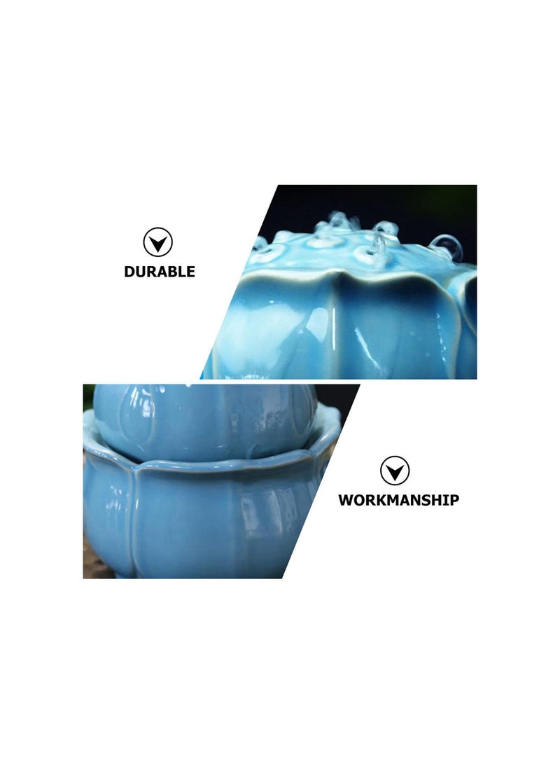 GGOOT Ceramic Tabletop Water Fountain Lotus Water Garden Zen Fountain Glazed Mini Interior Water Feature Indoor Fengshui Decor for Office Bedroom Living Room Sky- blue  - Image 5