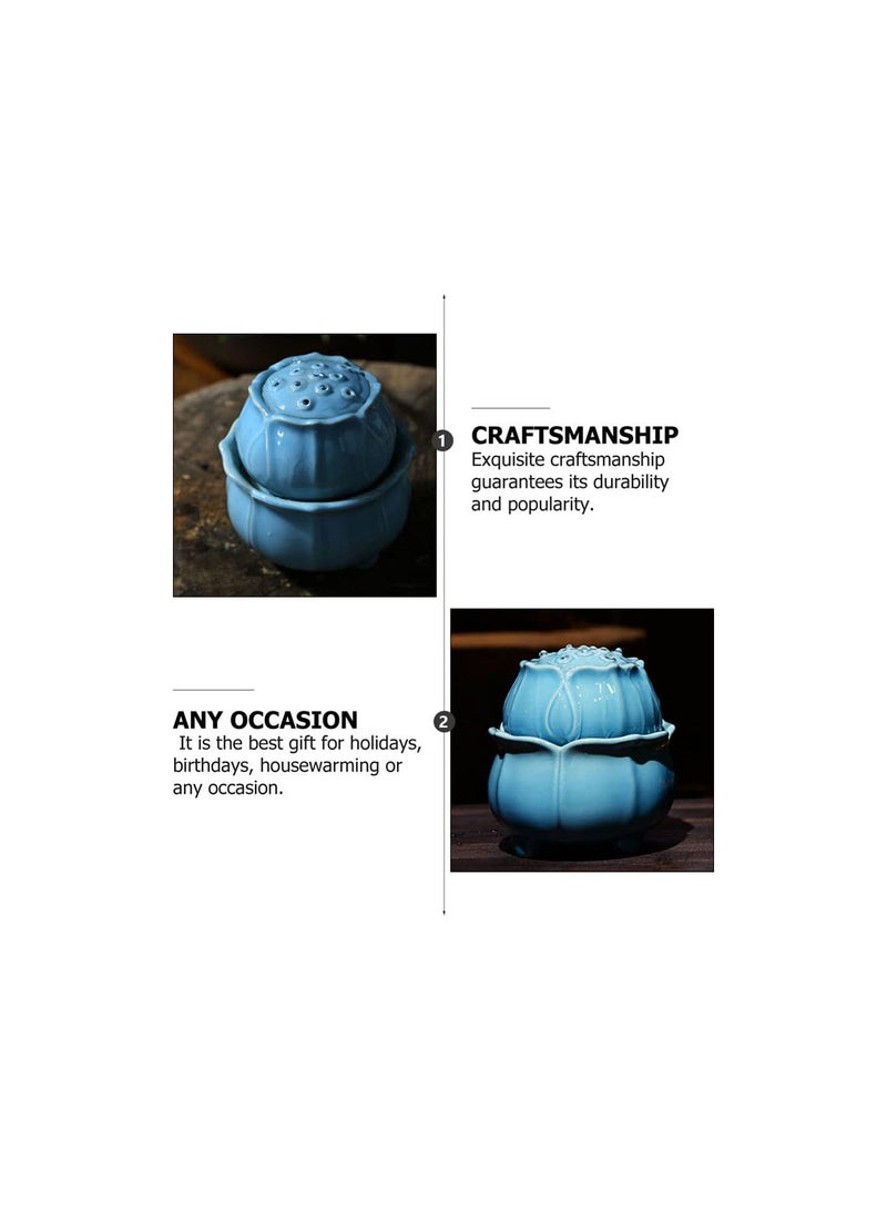 GGOOT Ceramic Tabletop Water Fountain Lotus Water Garden Zen Fountain Glazed Mini Interior Water Feature Indoor Fengshui Decor for Office Bedroom Living Room Sky- blue  - Image 3