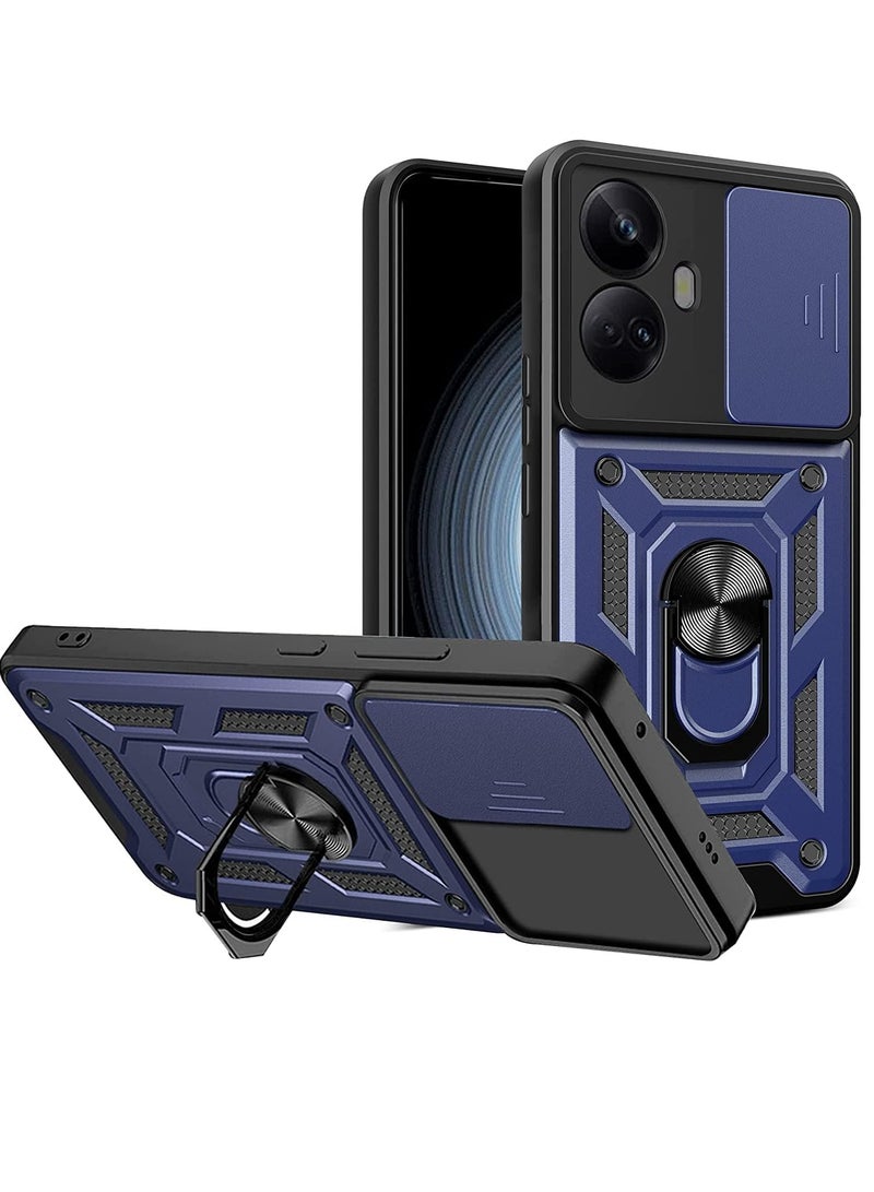 VKL حافظة متوافقة مع Realme 10 Pro Plus/10 Pro+ 5G مع غطاء كاميرا منزلق، غطاء واقٍ مقاوم للصدمات من الدرجة العسكرية مع مسند حلقي معدني قابل للدوران (أزرق)