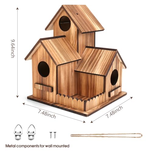 GLOPHOK Bird Houses for Outside, Outdoor 3-Hole Large Birdhouse Bird Feeder for Bluebirds, Finches, Cardinals and Yellow Finches, Wooden Hanging Edible Wild Bird Nest Garden Decorative - Image 2