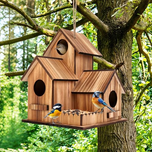 GLOPHOK Bird Houses for Outside, Outdoor 3-Hole Large Birdhouse Bird Feeder for Bluebirds, Finches, Cardinals and Yellow Finches, Wooden Hanging Edible Wild Bird Nest Garden Decorative - Image 1