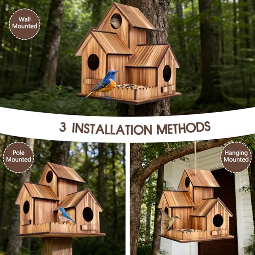 GLOPHOK Bird Houses for Outside, Outdoor 3-Hole Large Birdhouse Bird Feeder for Bluebirds, Finches, Cardinals and Yellow Finches, Wooden Hanging Edible Wild Bird Nest Garden Decorative - Image 3